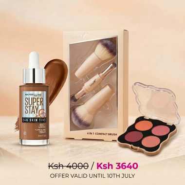 Maybelline Super Stay 24H Skin Tint + 4-in-1 Brush + Blush Palette Bundle