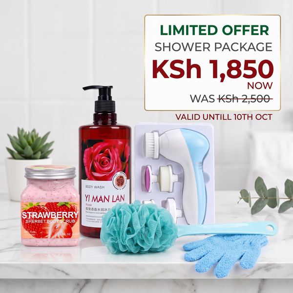 Shower Package — Strawberry Scrub + Rose Body Wash + 5-in-1 Facial Brush